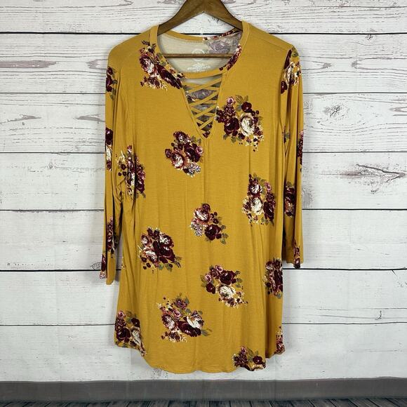 Maurices Top Shirt Womens XL Yellow Floral Mustard Fall Tunic Stretch Rayon - Picture 1 of 10